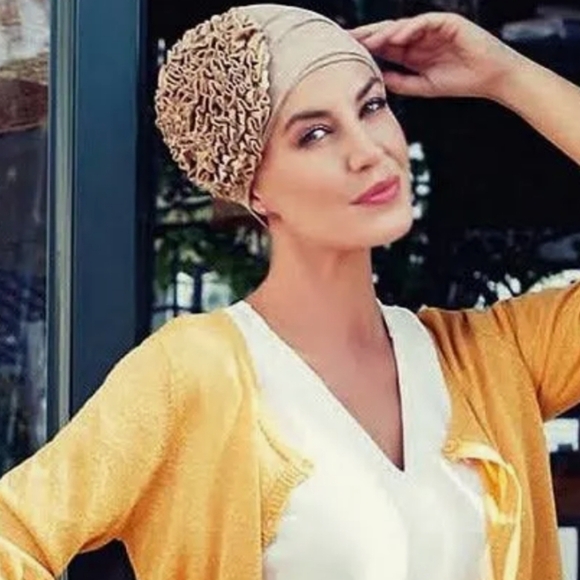 New Turban Christine Headwear Aimee Turban taupe foil Neutral print linen NWT - Picture 8 of 9